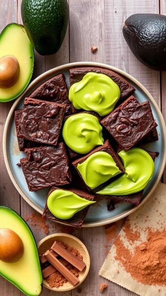 Decadent Flourless Chocolate Protein Brownies with Avocado Frosting Fudgy flourless brownies topped with avocado frosting on a rustic wooden table, with cocoa powder and avocados surrounding the plate.